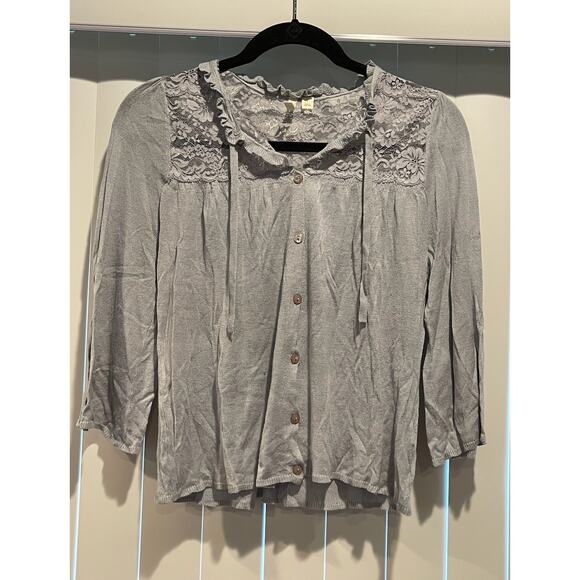 NWOT Frenchi Anthropologie Light Blue Grey Lace Knit Sweater Tie‎ Neck - Picture 1 of 6